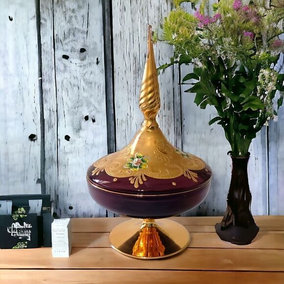 Ardalt Covered Dish Italy Gold Floral Amethyst Glass Gold Handpainted Vintage. - Picture 15 of 16